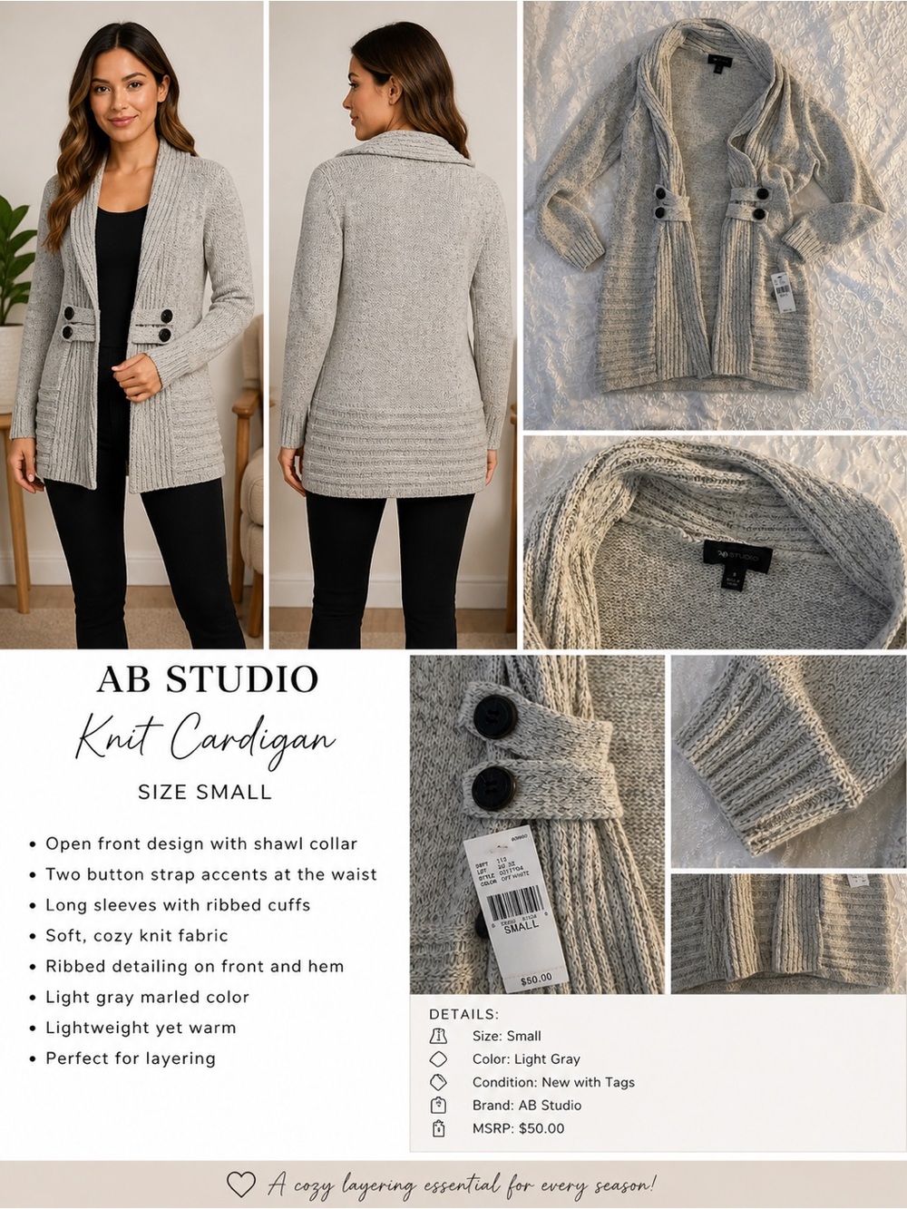 AB Studio Light Gray Marled Shawl Collar Cardigan